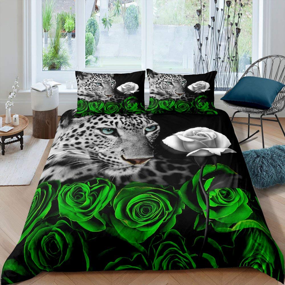 Leopard Duvet Cover Set King Size, Wildlife Animal Bedding Set for Teens Kids Boys Girls,Blue Rose Flowers Soft Comforter Cover