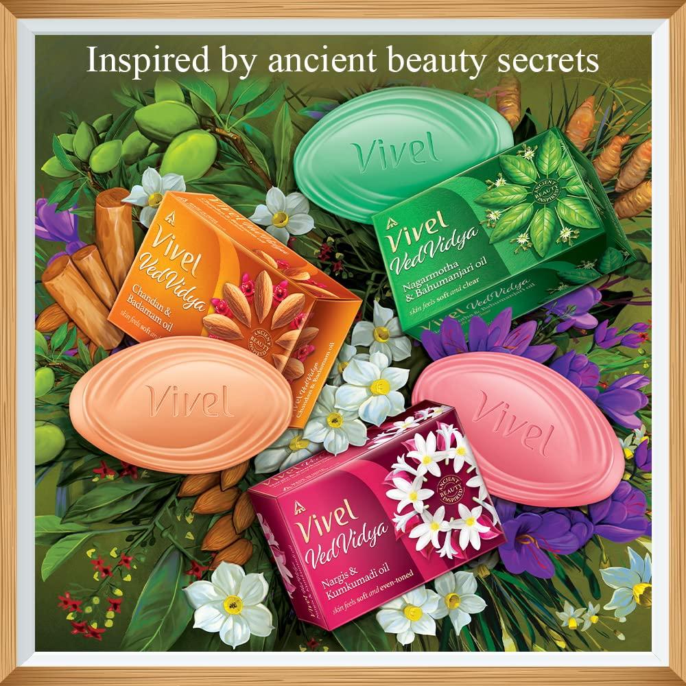 Vivel VedVidya Luxus-Packung mit 3 Hautpflegeseifen für weiche, gleichmäßig getönte, klare, strahlende und strahlende Haut, geeignet für alle Hauttypen, 100 g Packung mit 3 Stück