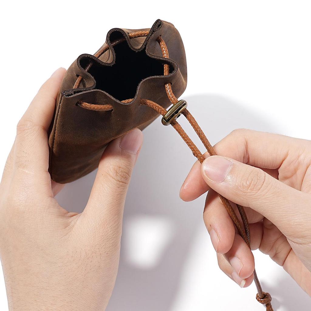 Genuine Leather Drawstring Coin Purse - Cowhide Storage Bag & New Year's Lucky Wallet.