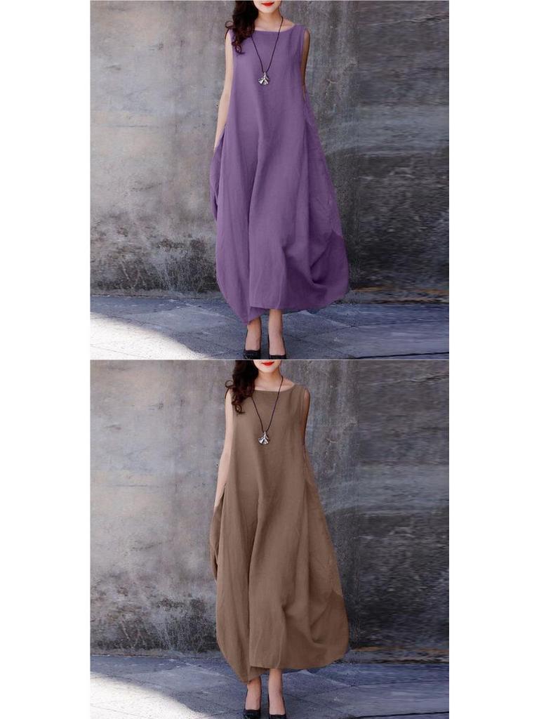 European & American 2026 Summer Women's Casual Cotton Linen Dress - Loose Fit, Wide Hem, Round Neck, Solid Color with Pockets.