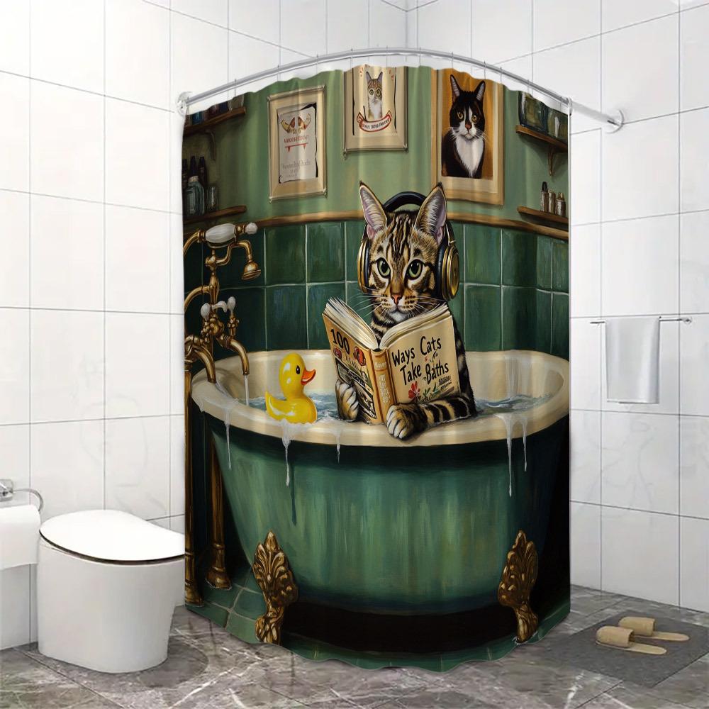 Cute Cat Reading in Bathtub Waterproof Shower Curtain for Modern Bathroom Decor, Stylish and Durable, Perfect for Home Use