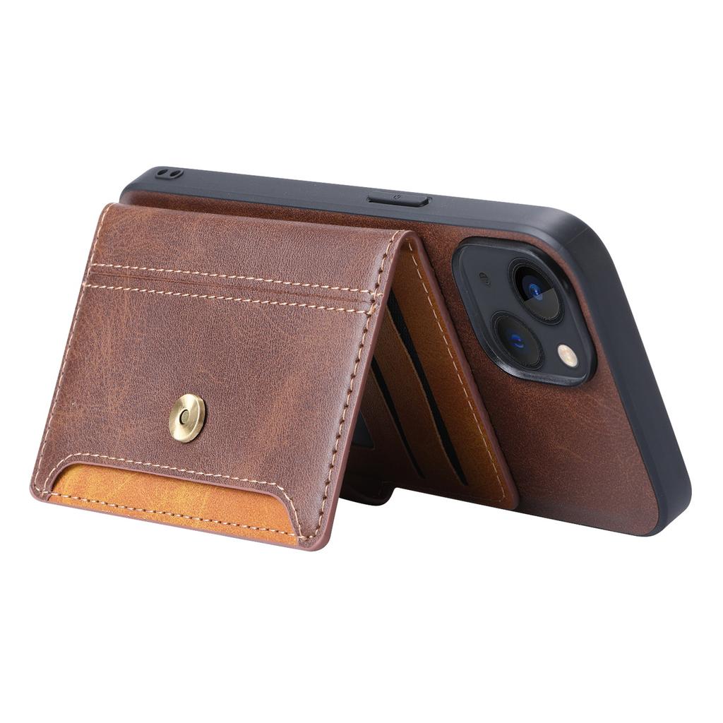 For iPhone 15 Plus Kickstand Card Holder Phone Case Calf Texture PU Leather+TPU Anti-Scratch Cover