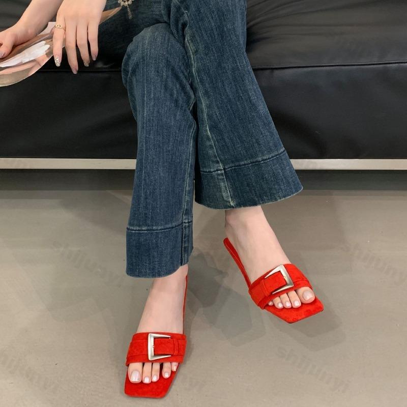 Fashion Belt Buckle Designed Open Toes Square Head Fashion Slipper for Women 2025 Summer Elegant Outdoor Comfortable High-heeled Sandals