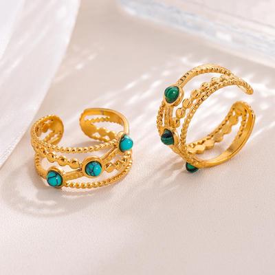 18K Gold Plated European Retro Stainless Steel Turquoise Ring - Vintage Exaggerated Women's Personality Jewelry