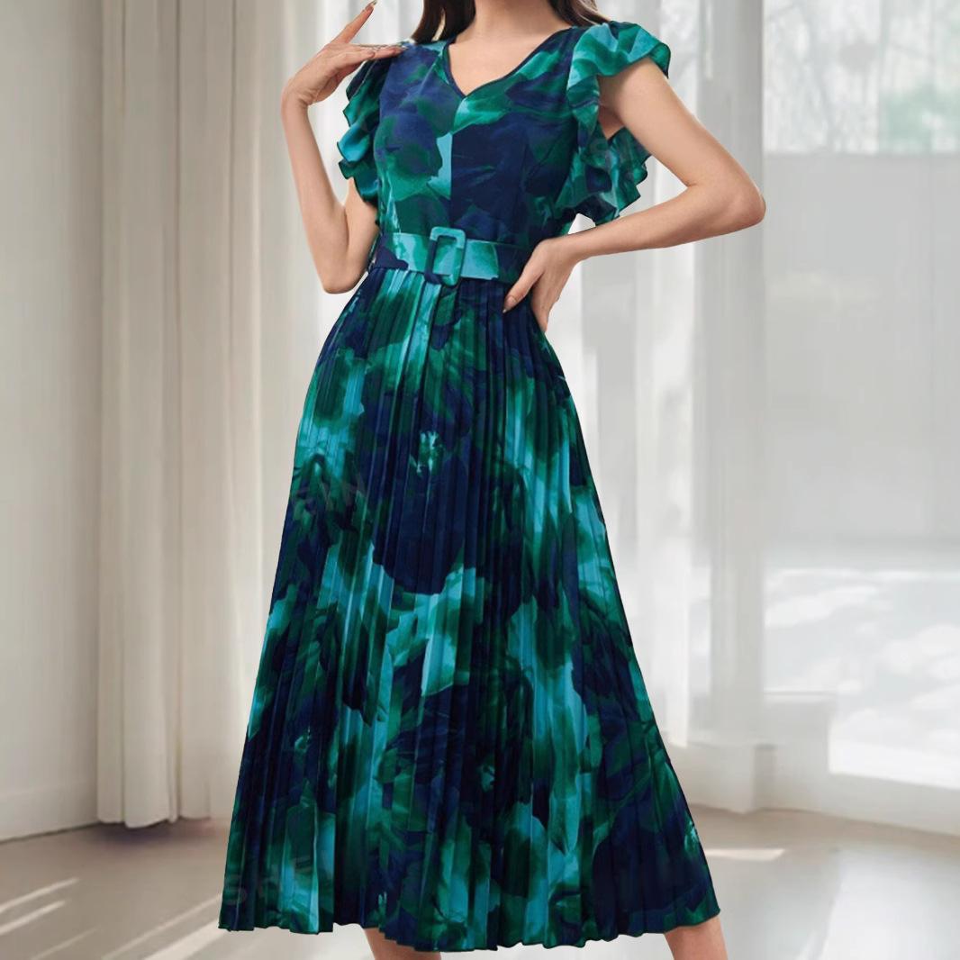 Vintage Tie Dye Print Ruffled Trim Belted Waist Pleated Long A Line Dress For Women S бирюзовый