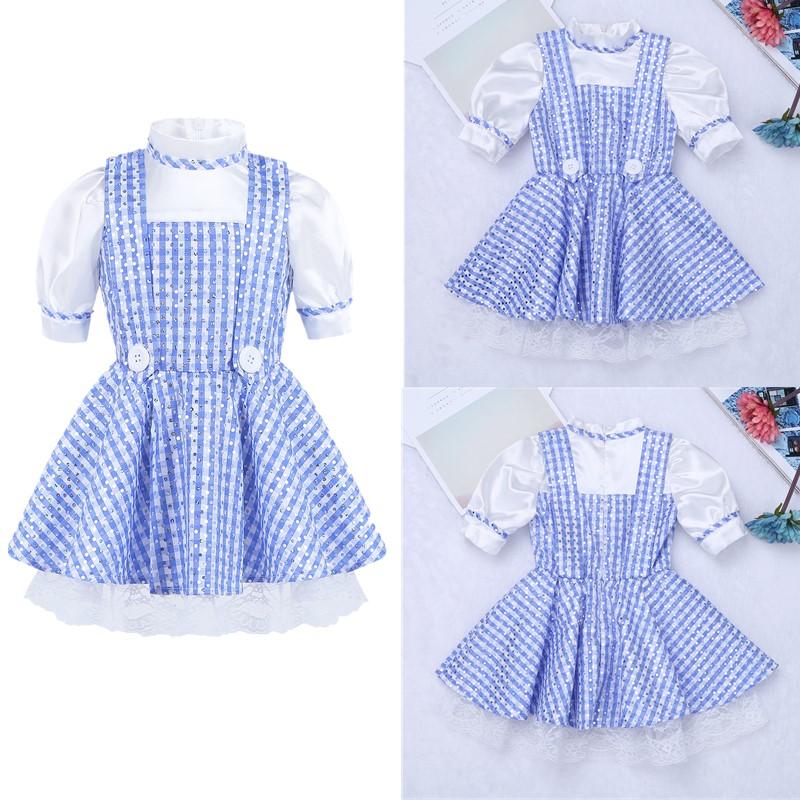 Kids Girls Sequined Polka Dots Plaid Halloween Dressing Up Kids Cosplay Party Dress Costume