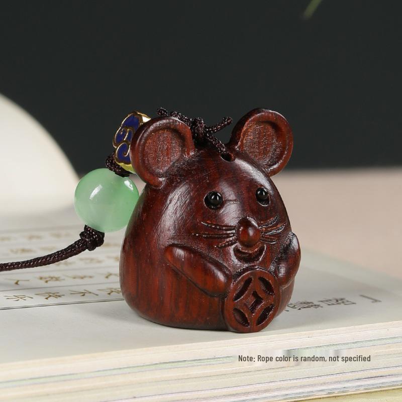 Red Sandalwood Carved Rat Tongbao Pendant Keychain and Phone Charm