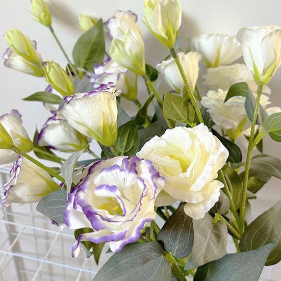 3 Heads Artificial Flower Bouquet Faux Silk Eustoma Lisianthus Flower with Long Stem Fake Floral Arrangement for DIY Wedding Bouquet