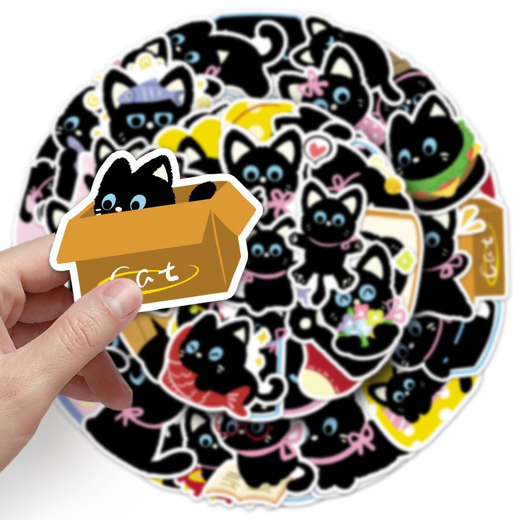 50 Bow Black Cat Doodle Stickers Cartoon Cute Hand-painted Decorative Creative Water Cup Mobile Phone Case Stickers