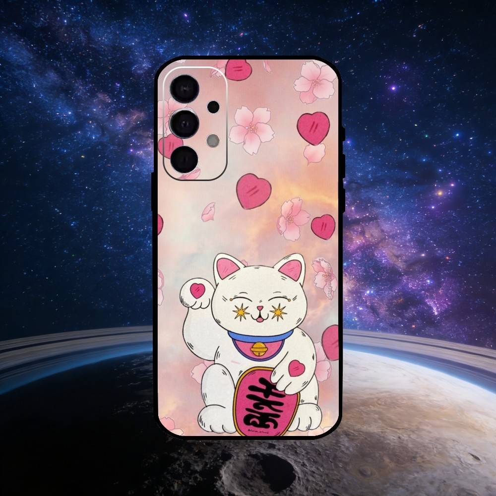 Uroczy Szczęśliwy Kot Maneki Neko Etui na Telefon Dla Samsung S25,S24,S23,S22,S21,S20,Ultra,Plus,FE Czarne Miękkie Etui