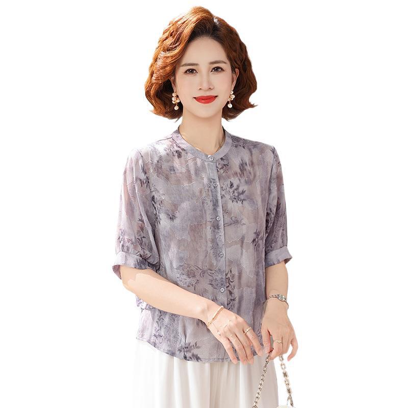 Women's Mid-Sleeve Chiffon Blouse - Fashionable Summer Top for Middle-Aged & Elderly