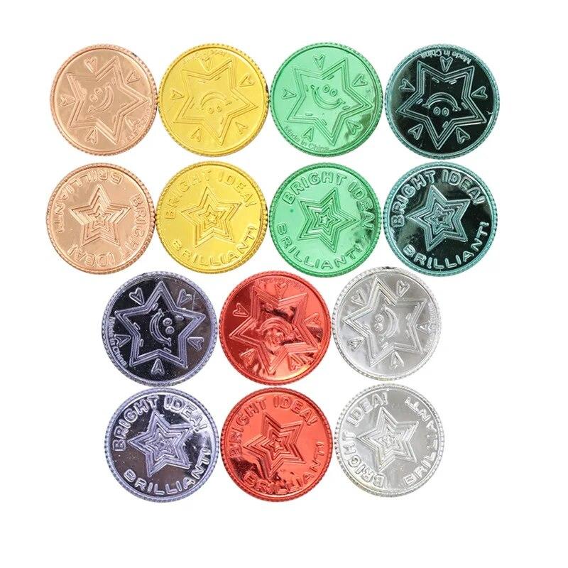 100pcs Christmas Event Game Treasure Pirate Gold Coin Seven Color Lucky Coin Wish Plastic Gold Coin Props for Wedding Party Deco