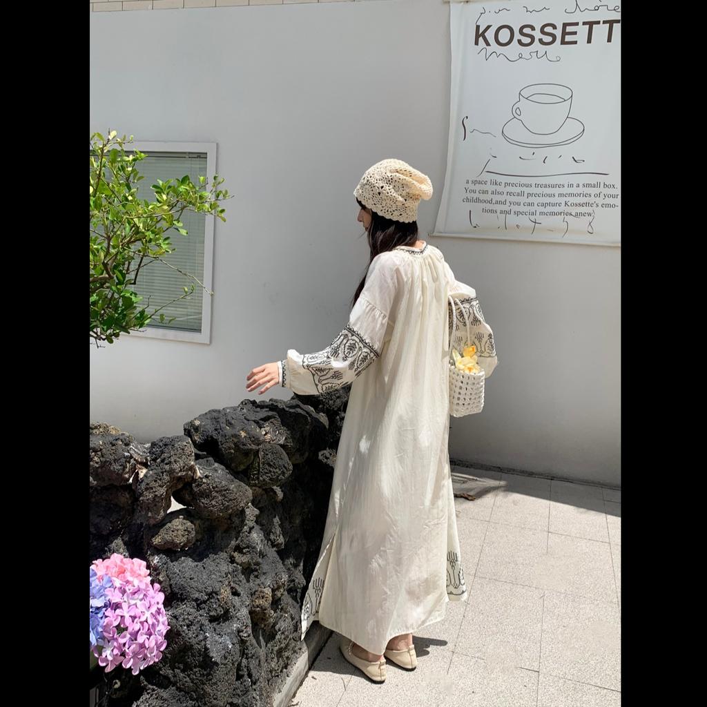 Source Bohemian Vacation Style Temperament Lace-up Round Neck Lantern Sleeve Dress Women's Autumn Embroidery