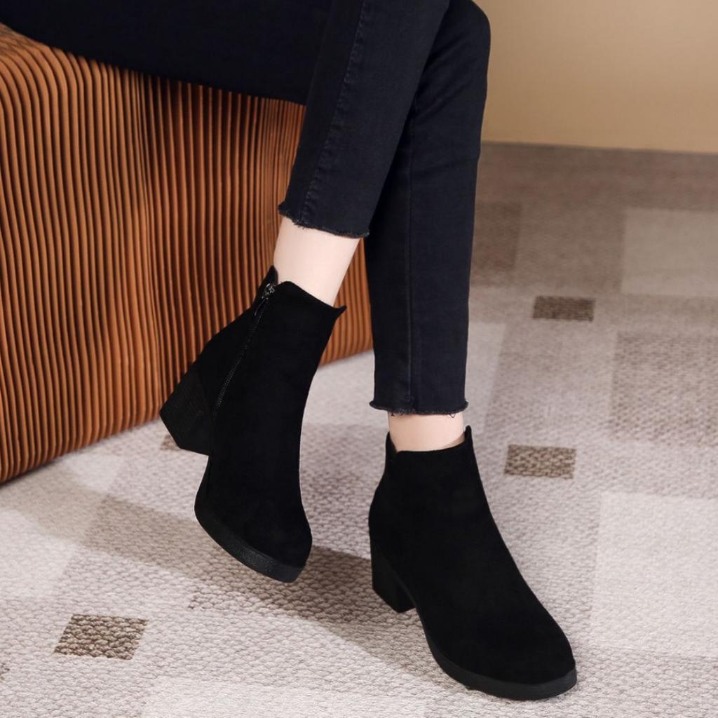 Spring and Autumn Frosted Temperament Fleece Medium Heel Boots Thick Heel Simple Suede Martin Boots