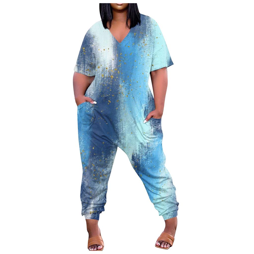 Damen-Overall in Übergröße, lockerer, lässiger Kurzarm-Jumpsuit mit V-Ausschnitt und bedruckten Taschen
