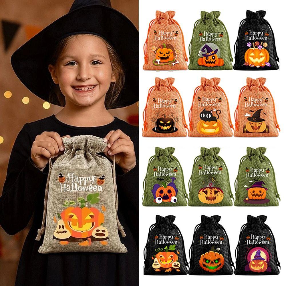 

12Pcs Handheld Halloween Linen Drawstring Bags Creative Pumpkin Sugar Pocket Festival Grey