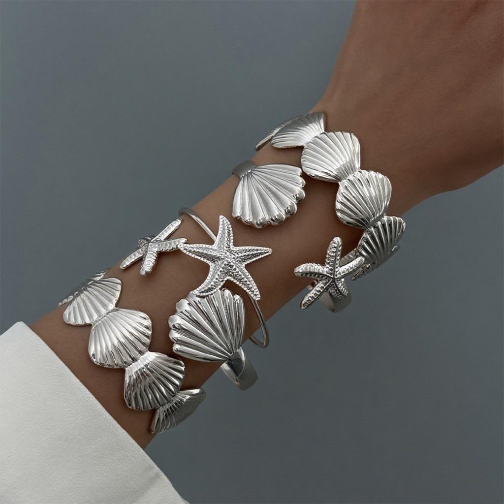 Fashion Style Metal Starfish Scallop Shell Bracelet, Design Sense Geometric Opening Bracelet Set Women