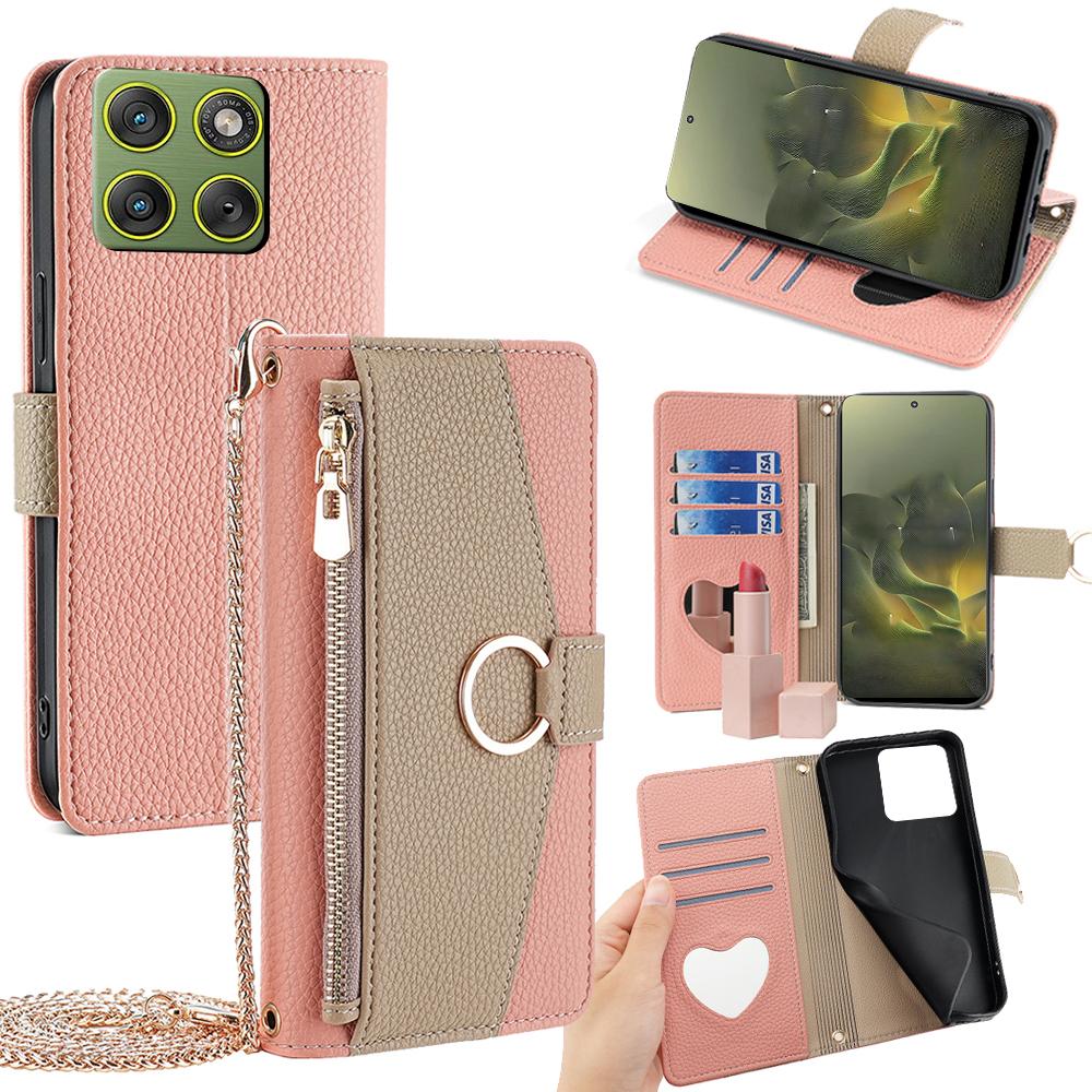 

For Motorola Edge 70 5G Case Mirror Wallet Leather Phone Cover with Chain Shoulder Strap