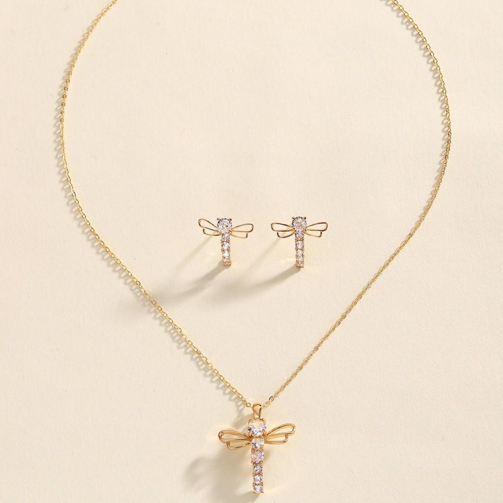 Elegantes Libellen Zirkonia Halsketten- & Ohrring-Set - Nischen-Design, Leichter Luxus Zweiteilig