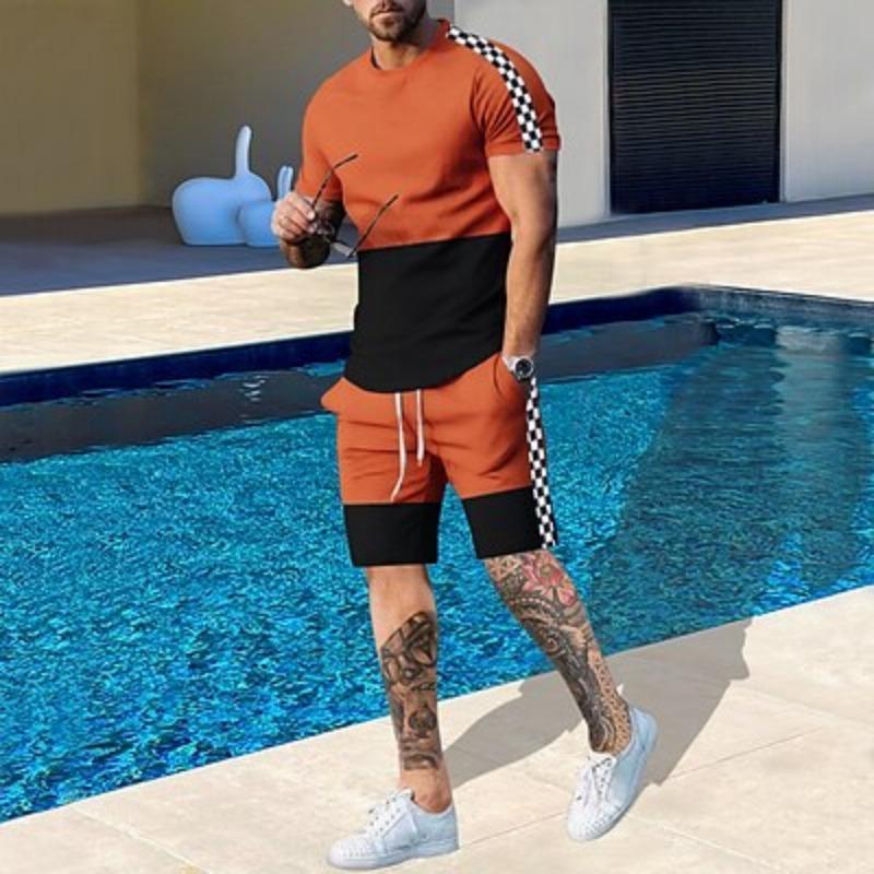 

Men s graphic color blocks 2 pieces T-shirt suit shorts and short sleeves neck designer casual comfortable comfort outdoor vacation daily 3D 3XL