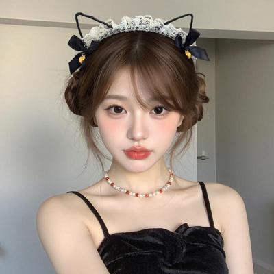 Sexy Diadema Blanca y Negra con Orejas de Gato Biselada Encaje Hueco Dulce para Mujeres Niñas Fiesta Diaria Mascarada Cosplay Decoración