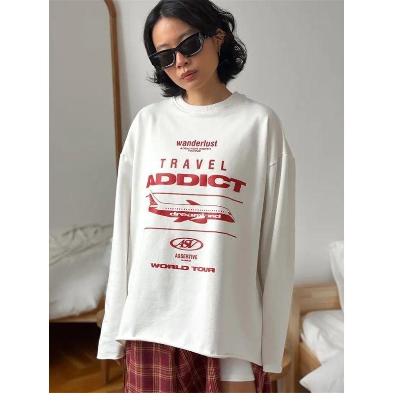 European and American Fashion Print Cotton Long sleeve Mid-Length T-shirt Women Oversize Tee T Shirt Top Women