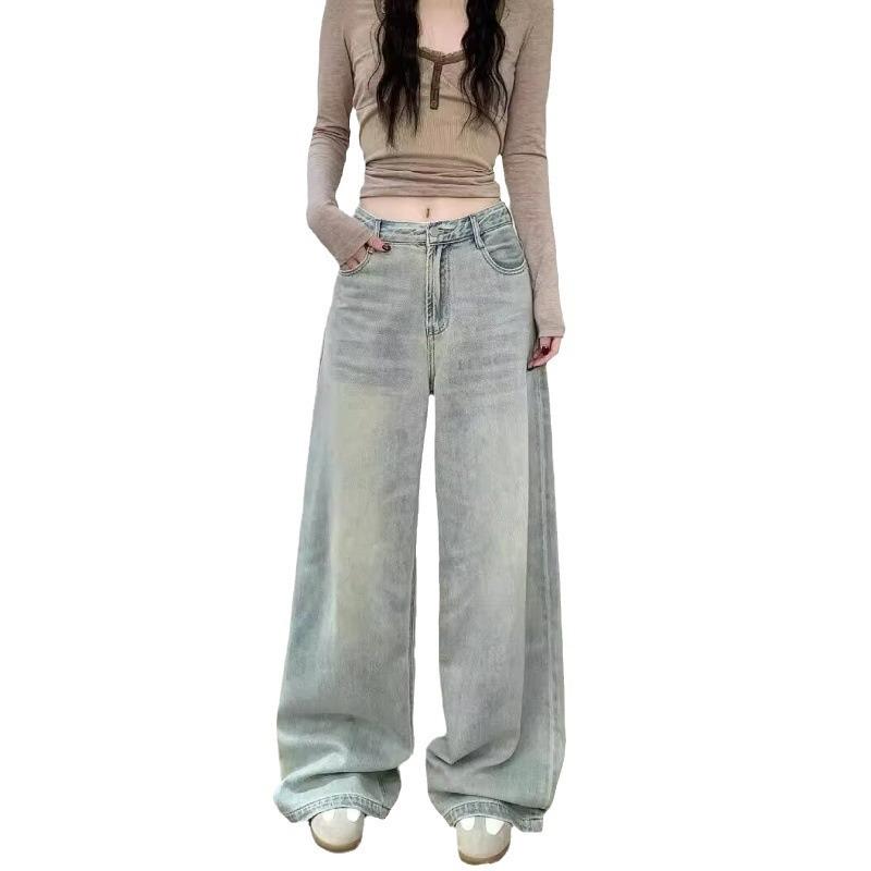 Retro high-waisted washed old jeans women's summer loose and thin floor pants straight-leg pants wide-leg pants long pants