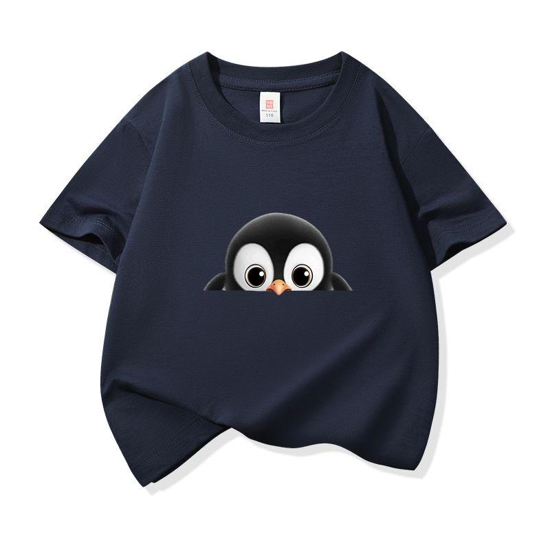 Kids Cotton T Shirt Cute Peeking Penguin Print Crew Neck Short Sleeve Tee Casual Breathable Boys Girls Summer Tops