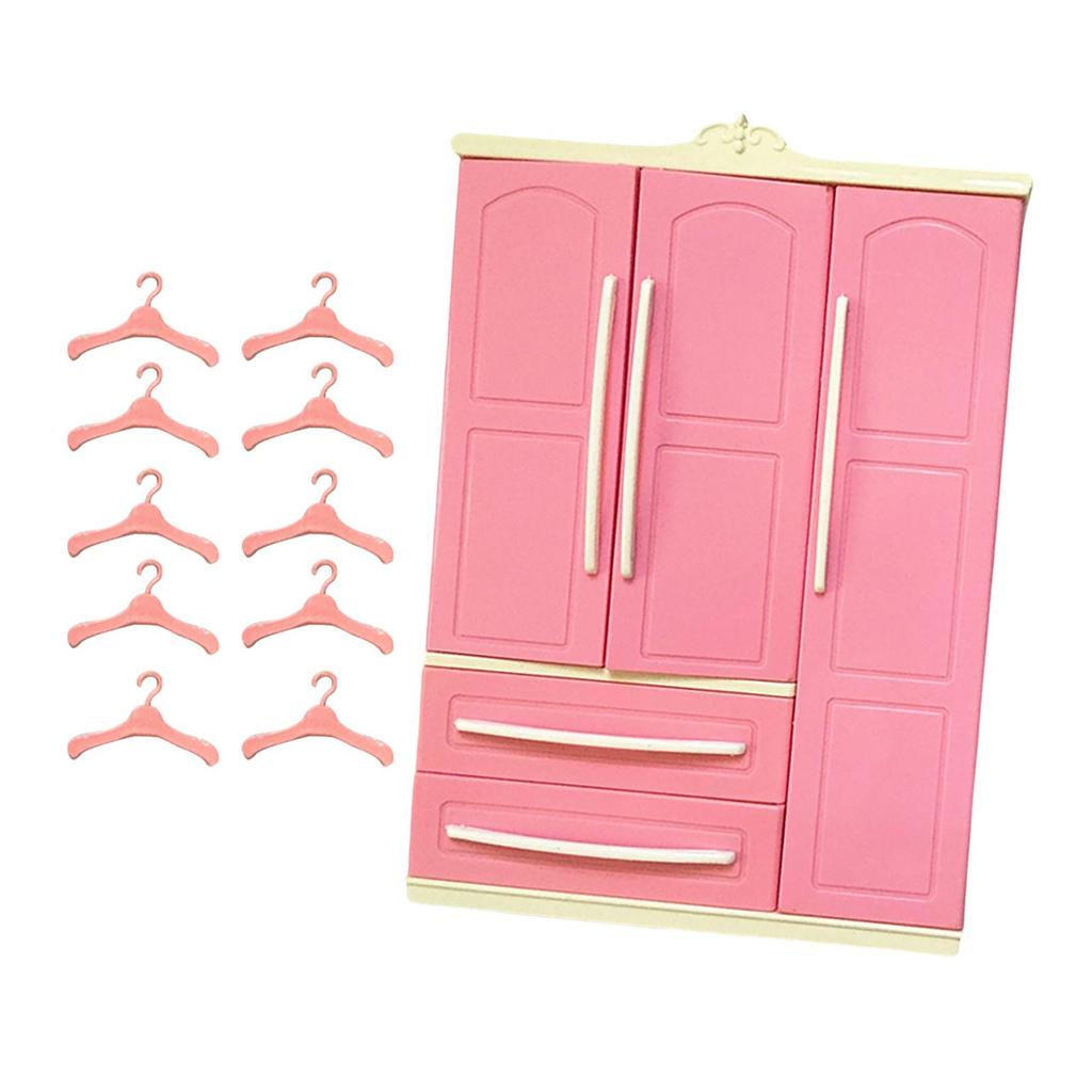 Pink Doll Wardrobe Storage Cabinet Scenery Play House Furniture with 10 Clothes Hangers Accessories