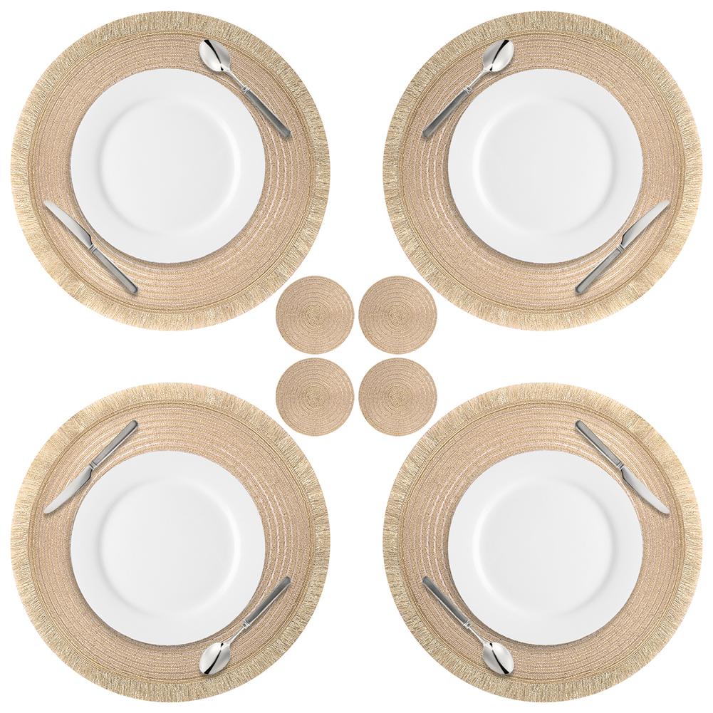 Set of 4 Braided Cotton Placemats with Coasters Washable Heat Resistant Mats Boho Woven Table Mats for Christmas Dining Table
