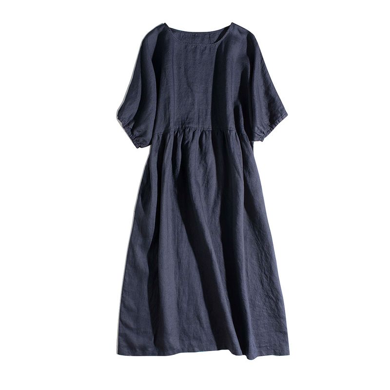 

New Arrival Women s Clothing Pure Color Loose Slim Looking High Waist Pure Color Artistic Style Short Sleeve Dress round-Neck Comfortable Fabric Navy 2XL