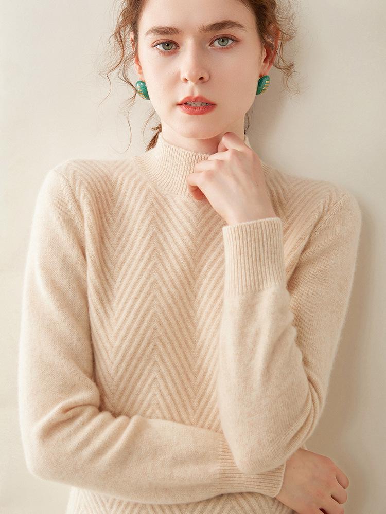 Women's Twist Pattern Cashmere Sweater - Half-High Collar, Knitted Pullover for Autumn/Winter, Loose Fit, Solid Color, Versatile Base Layer.