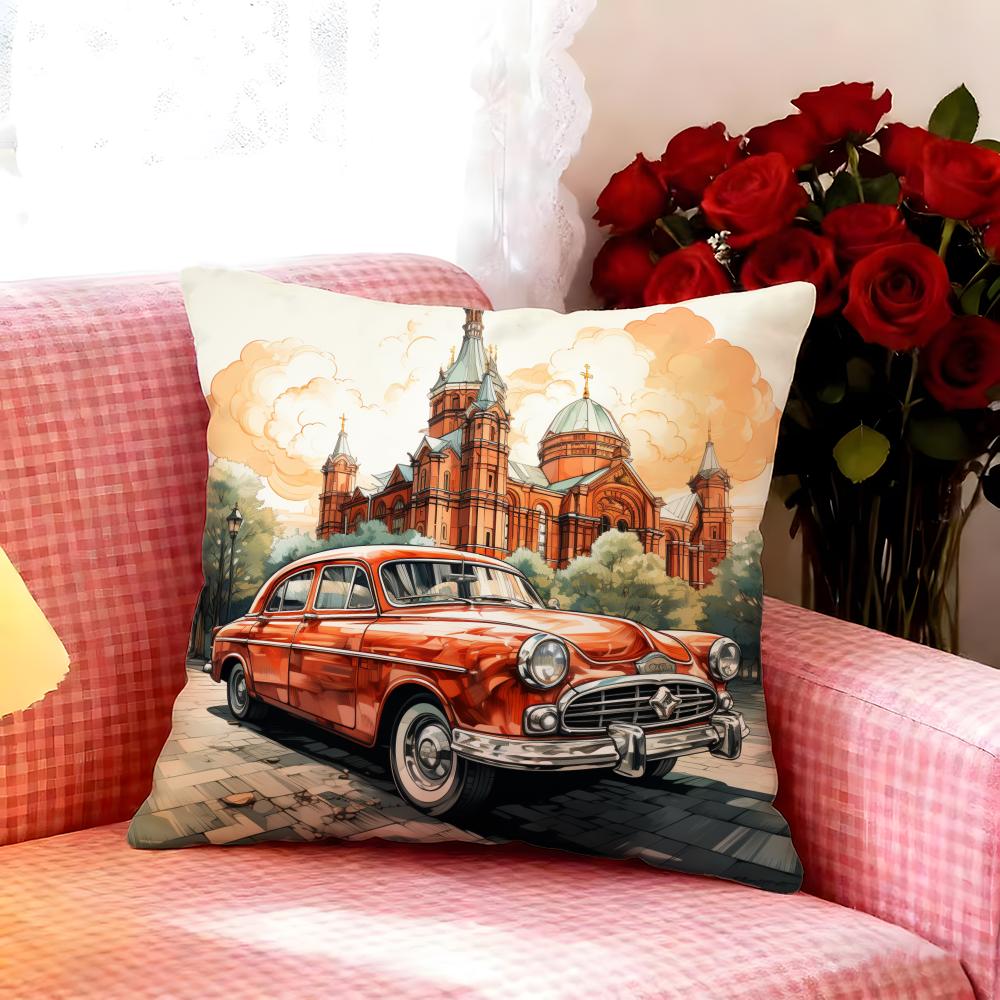 Soft Watercolor Vintage Car Cushion Cover Premium Soft Pillowcase SkinFriendly Breathable MultiPurpose for Home Office Travel