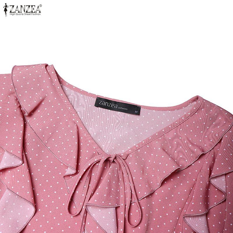 ZANZEA Women Casual Ruffles V-Neck Loose Long Sleeve Polka Dot Print Blouse