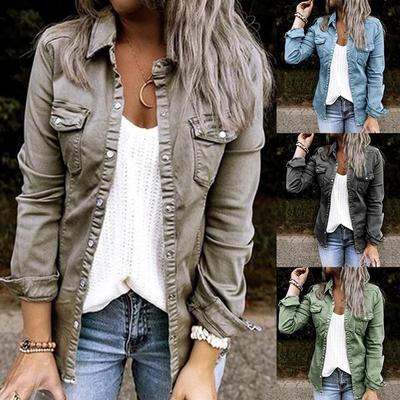 Autumn Women's Denim Jacket Slim Tooling Button Pocket Lapel Jacket Long Sleeve Jeans Jacket