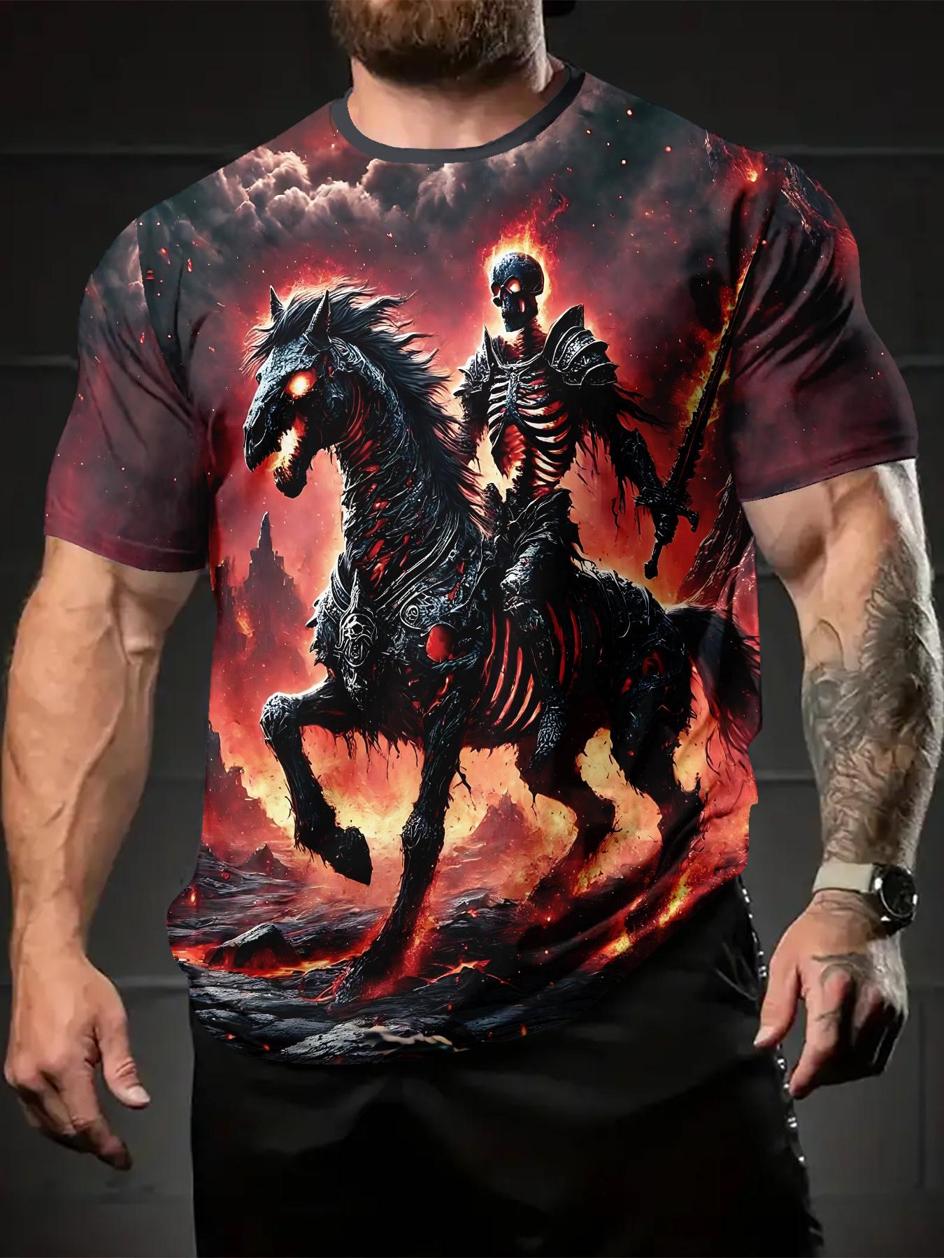 Men s Gothic Skeleton Knight and Flaming Horse T-Shirt S