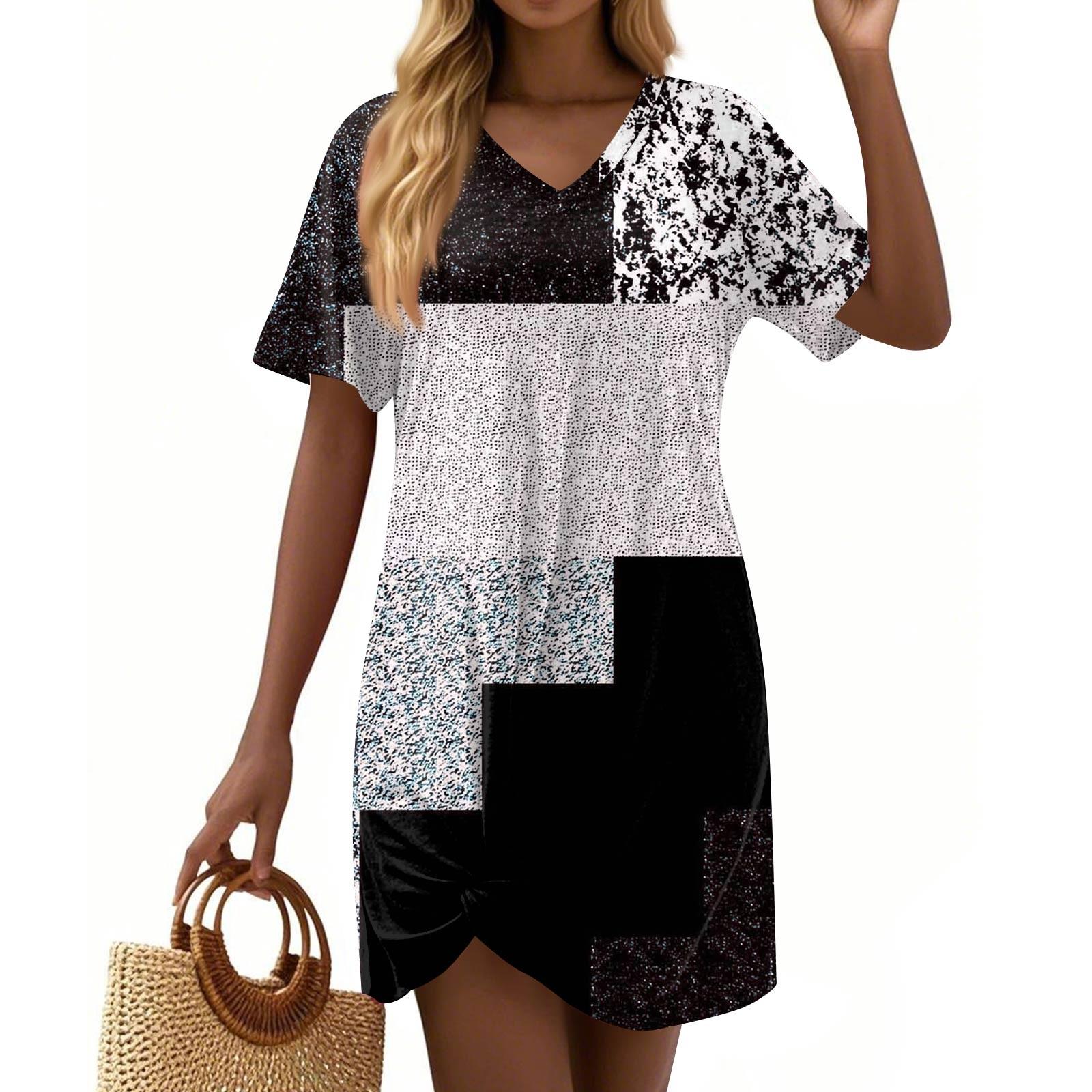 

Women s Summer Casual Geometric Printed Hem Knotted Short Sleeve Dresses XL срібний
