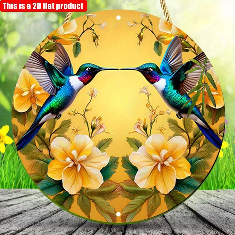 2D Flat 20*20cm 1pc Retro Hummingbirds Flying Under Yellow Flowers Scenery Round Wooden Door Sign, Nostalgic&Beautiful Pendant For Cafe Garage Window