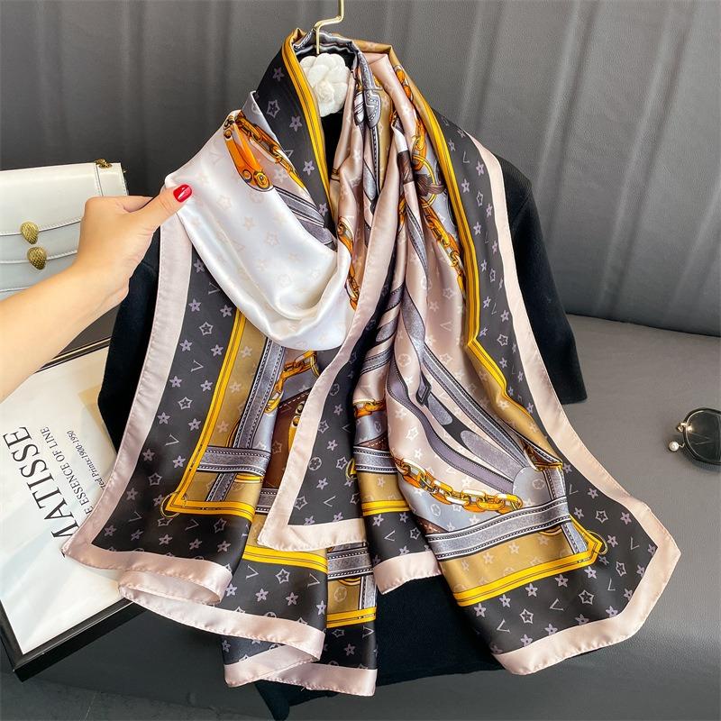 Ring chain large size shawl premium letter silk scarf imitation silk scarf new long scarf thin beautiful brocade