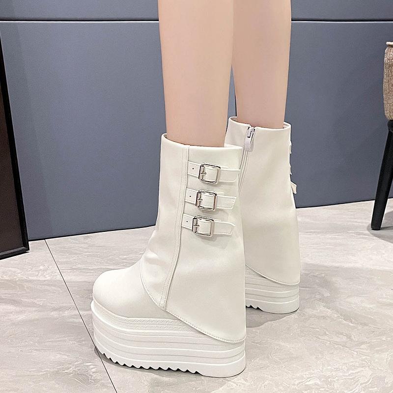 Fashion Spring 13cm Heel Thick Sole Mid-Calf Boots for Petite Women - Black/White Warm Stylish Height-Increasing Smoke Tube Design