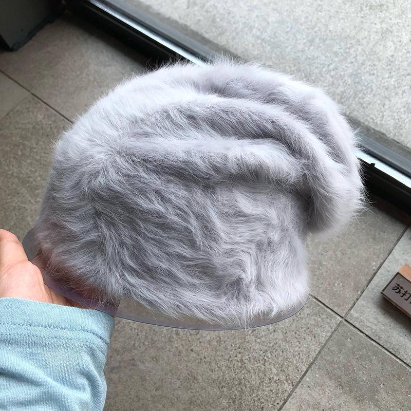 

Модные шапки-бини из кроличьего меха для женщин, мягкая теплая пушистая зимняя шапка для женщин, ветрозащитная шапка-боннет, шапка-бини с отворотом 54-60cm серый