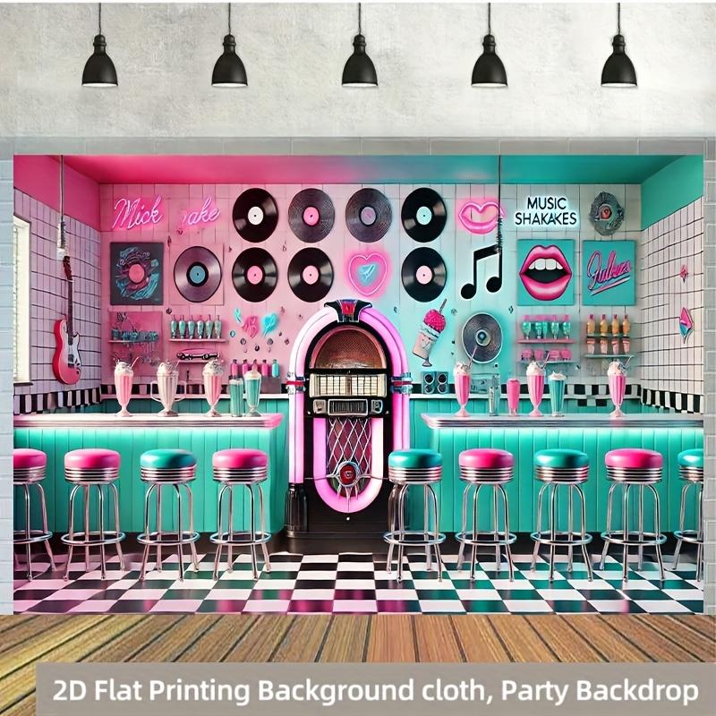 2D flat 1pc retro restaurant scene polyester background, birthday banners and flags, celebration activities, multi-purpose