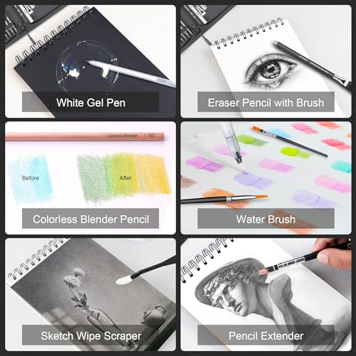 HIFORNY Drawing & Sketching Set, 136-Piece Professional Art Supplies: Graphite, Charcoal, Color, Watercolor, and Metallic Pencils, Blending Tool, Sket