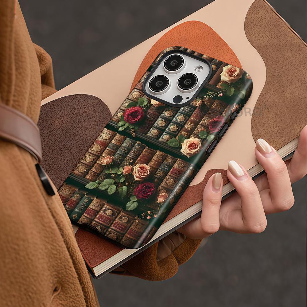 Processed literary and artistic fan retro rose bookshelf flower apple 16 magnetic mobile phone case iPhone17 protective case