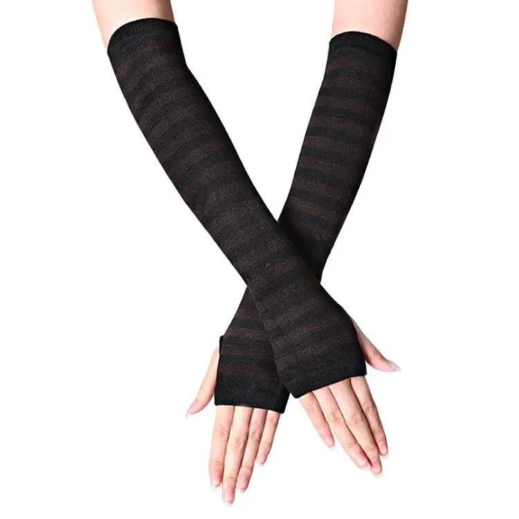 New Fashion Long Glove Arm Cover Classic Pink Black and White Striped Fingerless Elbow Gloves Warmer Knitted Long Wristband