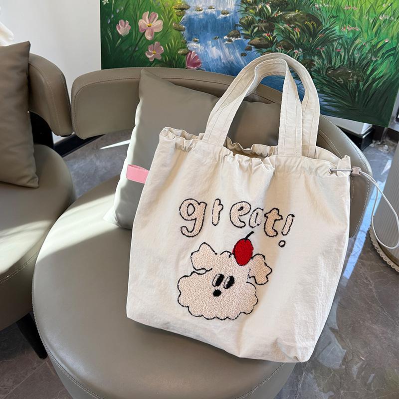 Nylon Towel Embroidery Drawstring Tote Bag, Lightweight Shoulder Bag for Women KTB