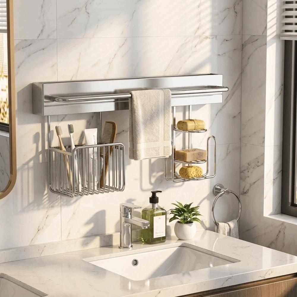 Stainless Steel Punch-free Wall Storage Rack Wall Mounted Toothbrush Holder Bathroom