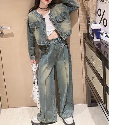 Autumn Teen Girl Retro Denim Clothes Suit Round Neck Denim Jacket and Straight Through Jeans 2pcs  Suit Child Outfits