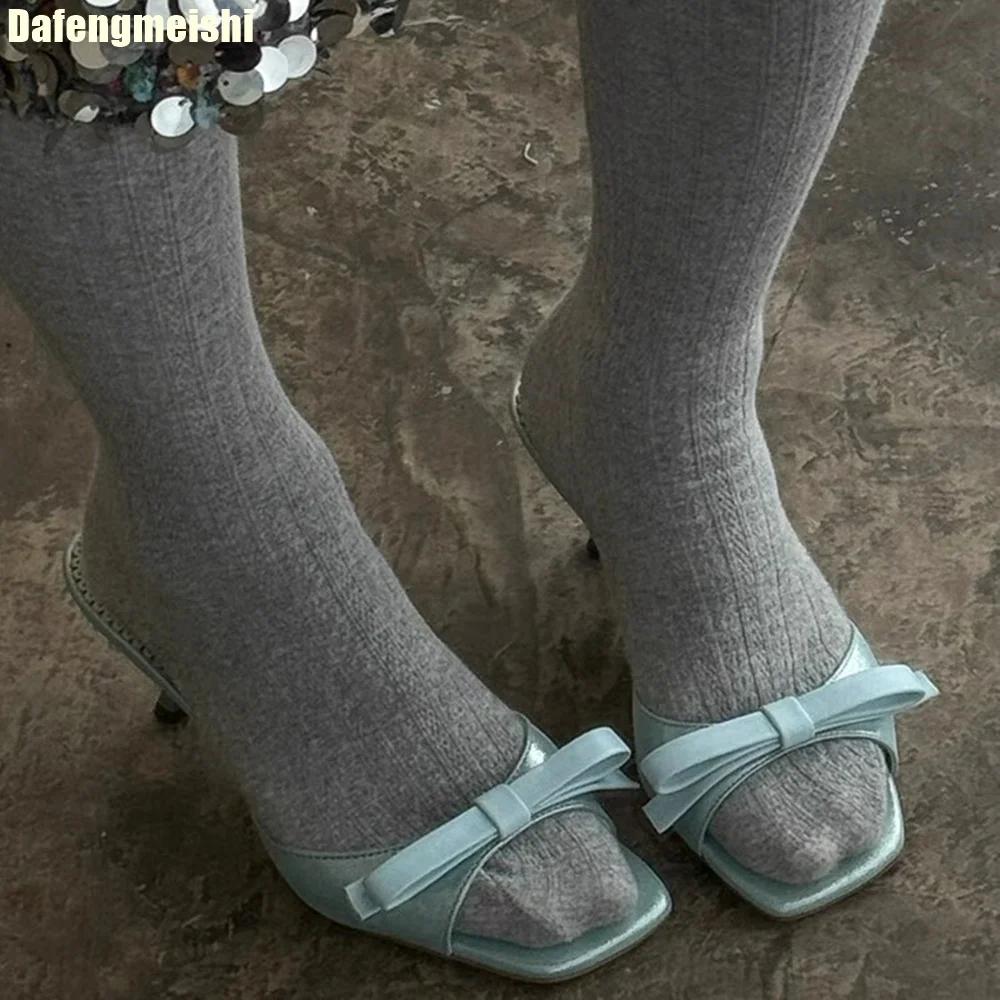 Bowknot One-Strap High Heels Slipper for Women 2025 Summer New Square Toe Slides Open Toe Sexy Lace Sole Casual Sandals