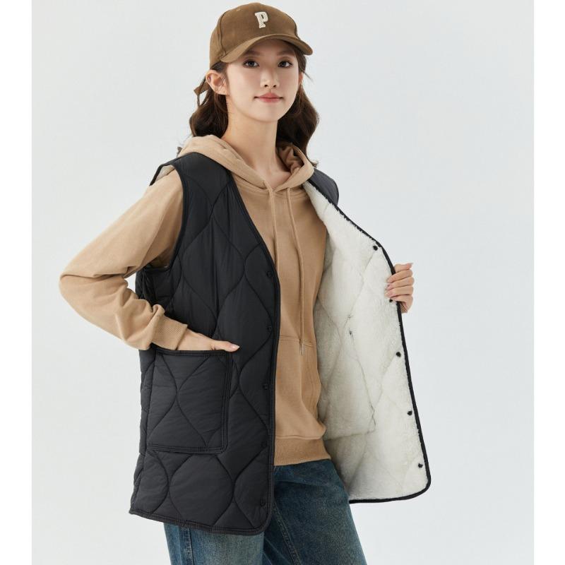 

Women s warm enlarged thickened velvet medium and long women s lamb wool buttons casual outer cotton vest M (about 55kg)